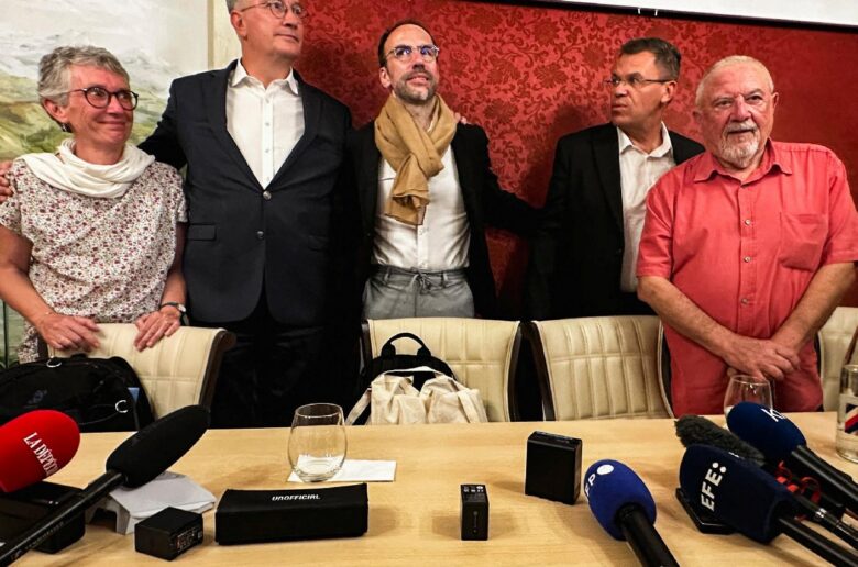 After a nearly two-hour meeting with Pope Leo XIV Sept. 27, 2026, survivors of abuse by members of French clergy, Veronique Garnier, Olivier Mardi, Jerome Guillement, Bertrand Virieux, and Jean-Marie Delbos, pose after speaking to journalists in Lourdes. (OSV News photo/Clotaire Achi, Reuters)