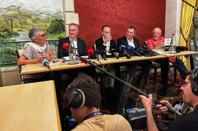 After a nearly two-hour meeting with Pope Leo XIV Sept. 27, 2026, survivors of abuse by members of French clergy, Veronique Garnier, Olivier Mardi, Jerome Guillement, Bertrand Virieux, and Jean-Marie Delbos, speak to journalists in Lourdes. (OSV News photo/Clotaire Achi, Reuters)