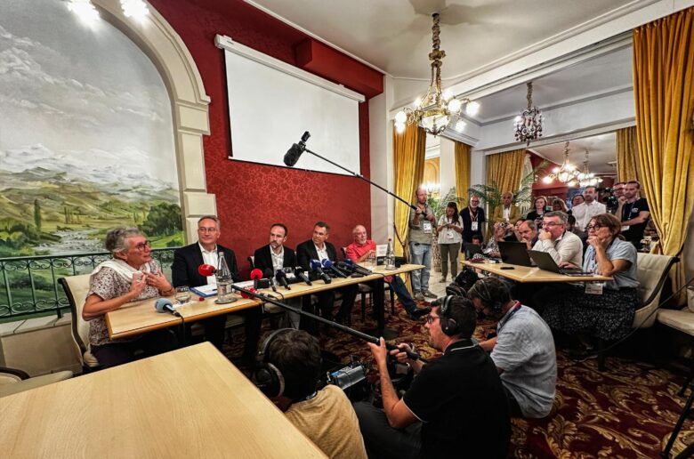 After a nearly two-hour meeting with Pope Leo XIV Sept. 27, 2026, survivors of abuse by members of French clergy, Veronique Garnier, Olivier Mardi, Jerome Guillement, Bertrand Virieux, and Jean-Marie Delbos, speak to journalists in Lourdes. (OSV News photo/Clotaire Achi, Reuters)