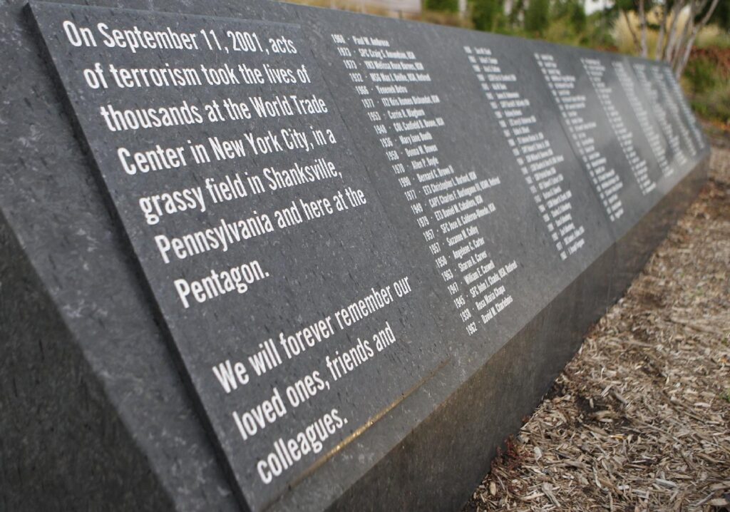 Names of victims of the Sept. 11, 2001, terrorist attacks are seen Aug. 18, 2011, on a display that is part of a memorial at the Pentagon in Arlington, Va., near Washington. Sept. 11, 2026, marks the 25th anniversary of the attacks that claimed the lives of nearly 3,000 people at the Pentagon and in New York City and Shanksville, Pa. (OSV News photo/Bob Roller)