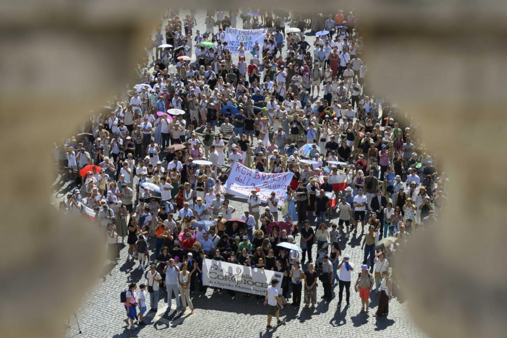 Visitors and pilgrims gather in St Peter's Square Sept. 6, 2026, as Pope Leo XIV leads the Angelus prayer. (OSV News photo/Vatican Media)