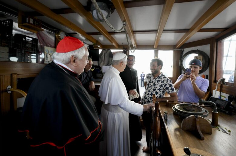 Pope Leo XIV, accompanied by French Cardinal Jean-Marc Aveline of Marseille, visits the bridge of MED25 Bel Espoir, a sailing ship known as a floating "school for peace," in the Ostia marina outside Rome Oct. 17, 2025. On Sept. 8, 2026, in Paris, Cardinal Aveline provided details regarding the pope’s Sept. 25-28 visit to France. (CNS photo/Vatican Media)