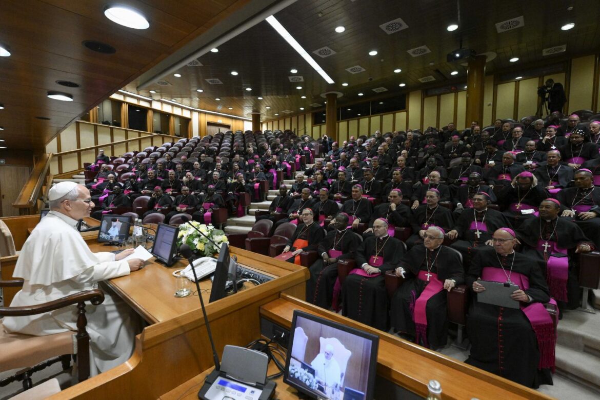 Pope Leo XIV speaks during a Sept. 10, 2026, meeting in the Vatican Synod Hall with bishops ordained over the past year. The bishops were attending a course sponsored by the Dicastery for Bishops and the Dicastery for the Eastern Churches. (CNS photo/Vatican Media)