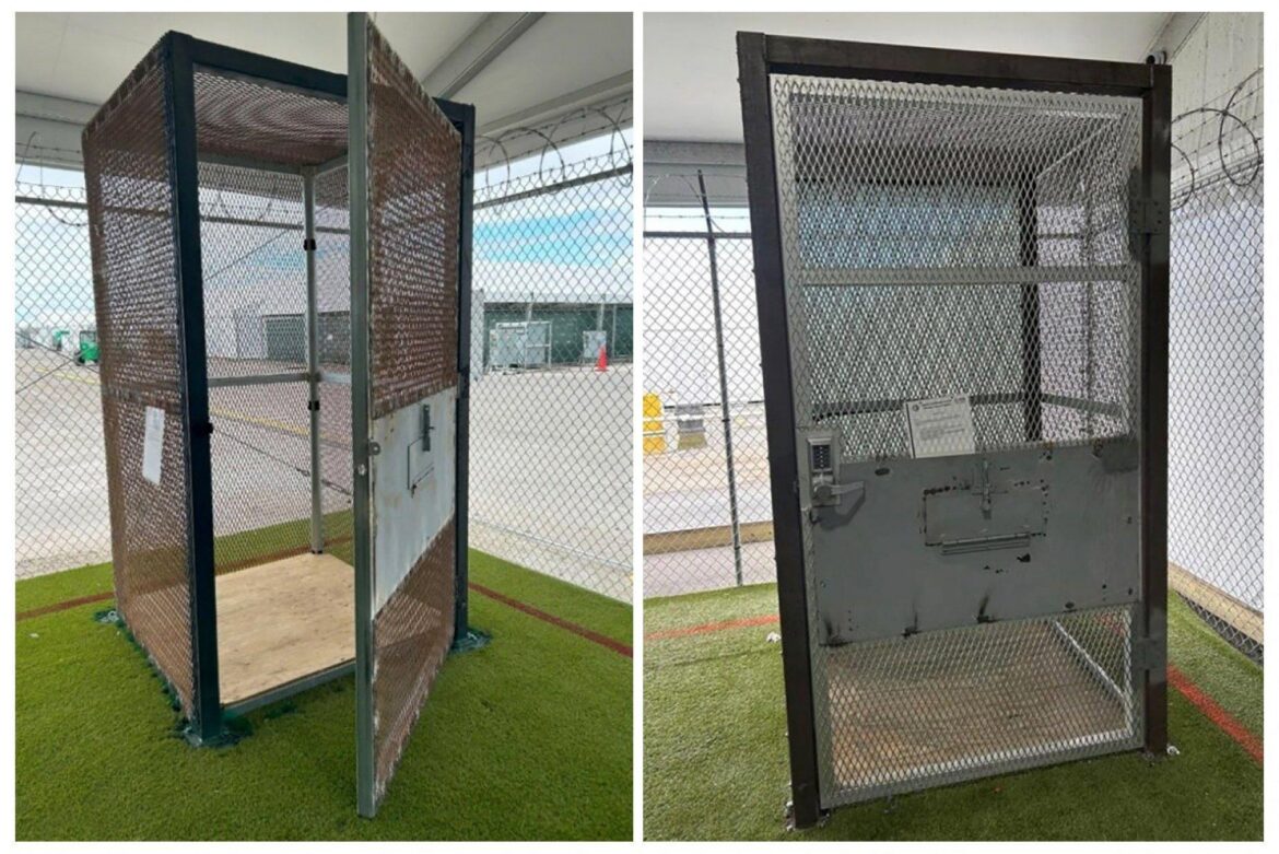 A small metal enclosure, with 18 square feet (1.67 square meters) of floor space and used in a monitored "calming area," is seen Jan. 21, 2026, during an unannounced inspection of ICE's now-closed immigration detention center Florida Soft-Sided Facility by the Department of Homeland Security Office of Inspector General. The detention facility in Ochopee, Fla., also known as Alligator Alcatraz, used the enclosures, seen in a combination photo, for periods ranging from several minutes to nearly two hours. (OSV News photo/DHS OIG, handout via Reuters) THIS IMAGE HAS BEEN SUPPLIED BY A THIRD PARTY