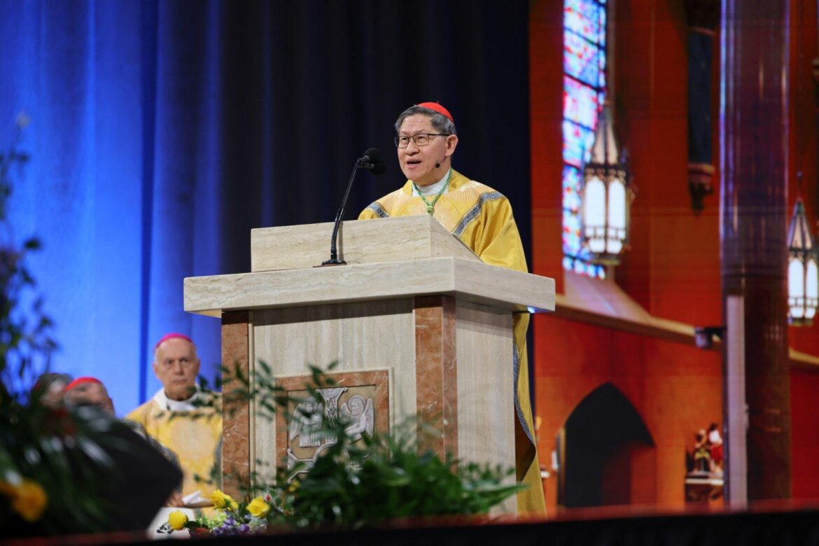 Cardinal Luis Tagle, pro-prefect of the Dicastery for Evangelization, delivers the homily at the beatification Mass for Blessed Fulton J. Sheen held Sept. 24, 2026, at The Dome at America's Center in St. Louis. (OSV News photo/Margaret Murray)