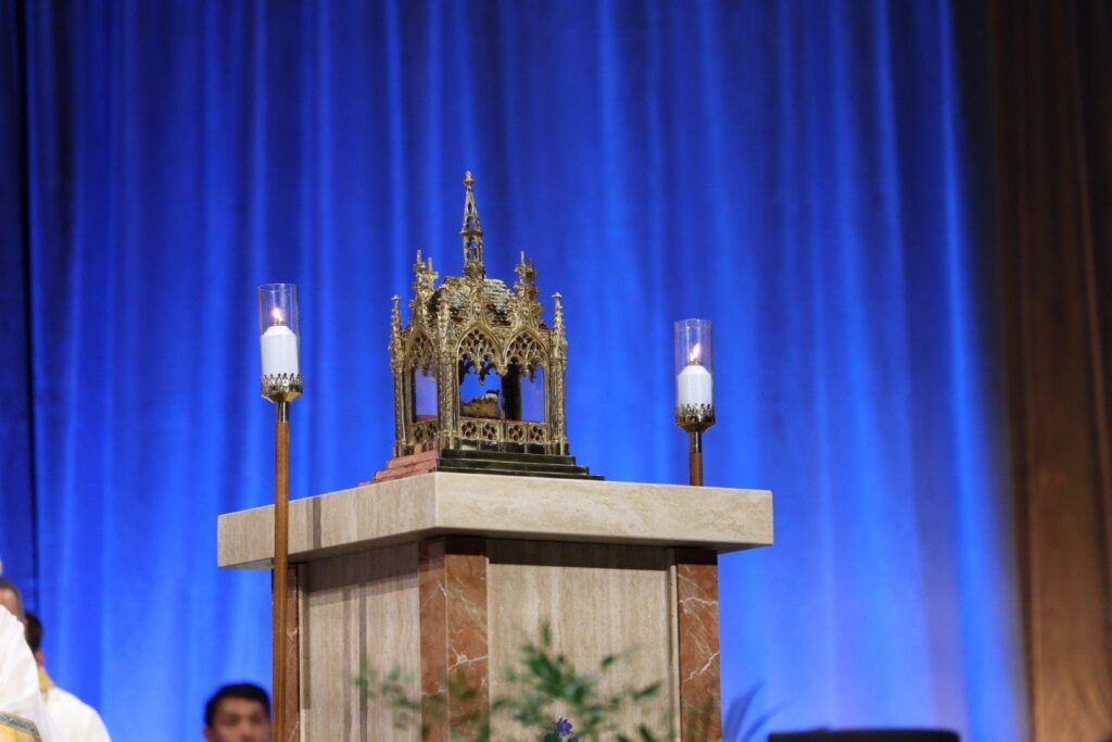 A major relic of Blessed Fulton J. Sheen is displayed at his beatification Mass Sept. 24, 2026, at The Dome at America's Center in St. Louis. (OSV News photo/Margaret Murray)