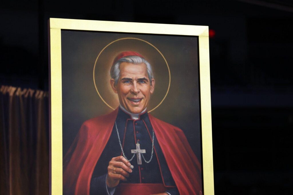 The official portrait of Blessed Fulton J. Sheen is revealed at his beatification Mass Sept. 24, 2026, at The Dome at America's Center in St. Louis. (OSV News photo/Margaret Murray)