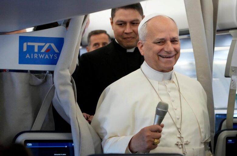 Pope Leo XIV talks to journalists aboard the papal flight from Rome to Paris, Sept. 25, 2026, during his apostolic journey to France. (OSV News photo/Gregorio Borgia, Reuters)