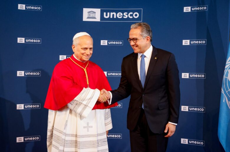 Pope Leo shakes hands with UNESCO Director-General Khaled el-Enany as he visits the headquarters of the United Nations Educational, Scientific and Cultural Organization in Paris Sept. 25, 2026. (OSV News photo/Remo Casilli, pool via Reuters)