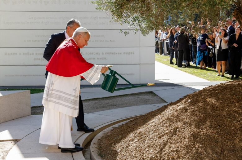 Pope Leo waters a olive tree alongside UNESCO Director-General Khaled el-Enany as he visits the headquarters of the United Nations Educational, Scientific and Cultural Organization in Paris Sept. 25, 2026. (OSV News photo/Remo Casilli, pool via Reuters)