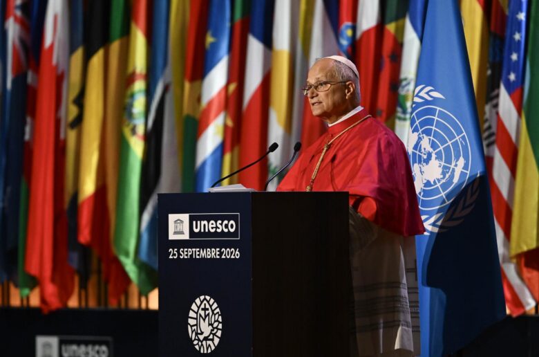 Pope Leo XIV delivers a speech Sept. 25, 2026, at the  United Nations Educational, Scientific and Cultural Organization headquarters in Paris, during a meeting on contemporary challenges related to artificial intelligence, information integrity, education and artistic creation in the age of AI. The UNESCO stop was part of the pope's four-day apostolic journey to France. (OSV News photo/Simone Risoluti, Vatican Media)