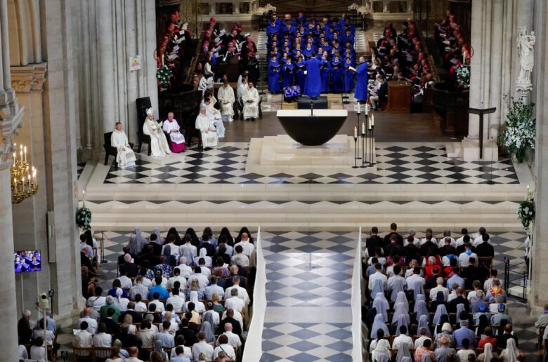 Pope Leo XIV attends a celebration of Vespers with bishops, priests, deacons, consecrated men and women and seminarians at Notre Dame Cathedral in Paris, France, Sept. 25, 2026. The visit to the iconic temple is part of the pope's four-day apostolic journey to France. (OSV News/Remo Casilli, Reuters)