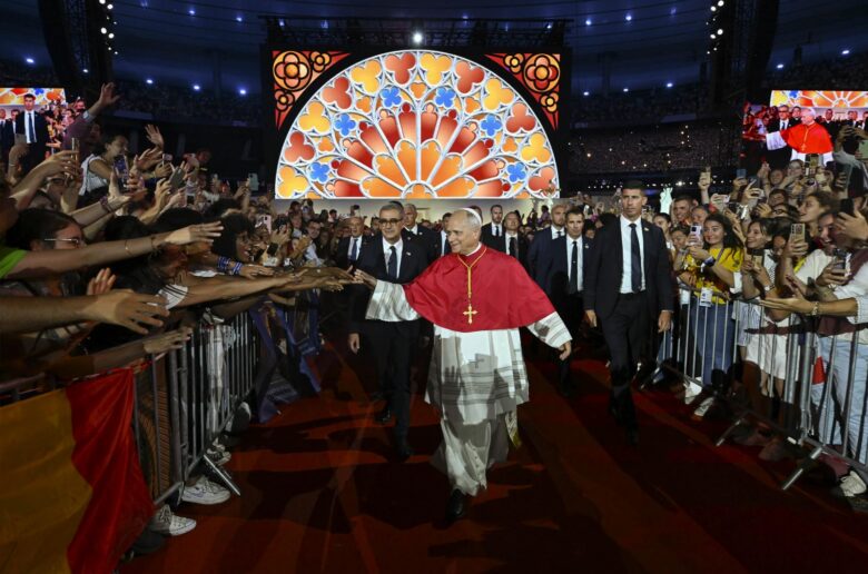 Pope Leo XIV greets young people during a prayer vigil at the Stade de France in Saint-Denis, France, Sept. 25, 2026, as part of the pope's four-day apostolic journey to France. (OSV News photo/Simone Risoluti, Vatican Media)