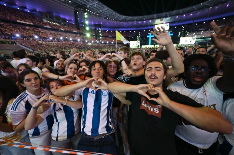Young people attend a prayer vigil at the Stade de France in Saint-Denis, France, Sept. 25, 2026, which was part of Pope Leo XIV's four-day apostolic journey to France. (OSV News photo/Matteo Pernaselci, Vatican Media)