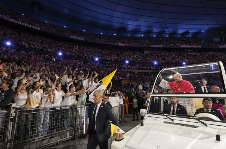 Pope Leo XIV greets young people during a prayer vigil at the Stade de France in Saint-Denis, France, Sept. 25, 2026, as part of the pope's four-day apostolic journey to France.  (OSV News photo/Simone Risoluti, Vatican Media)