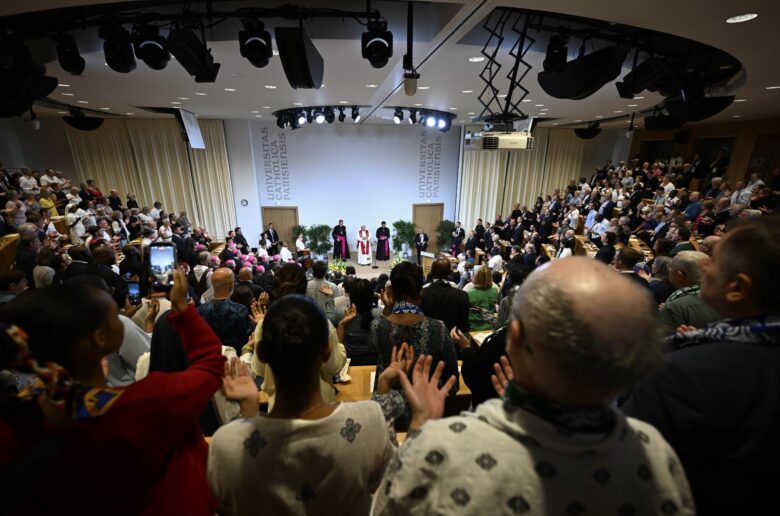 Pope Leo XIV addresses catechumens and newly baptized Catholics at the Catholic Institute of Paris, after more than 20,000 adults were baptized in France this year, in Paris, Sept. 26, 2026. (OSV News photo/Matteo Pernaselci, Vatican Media)