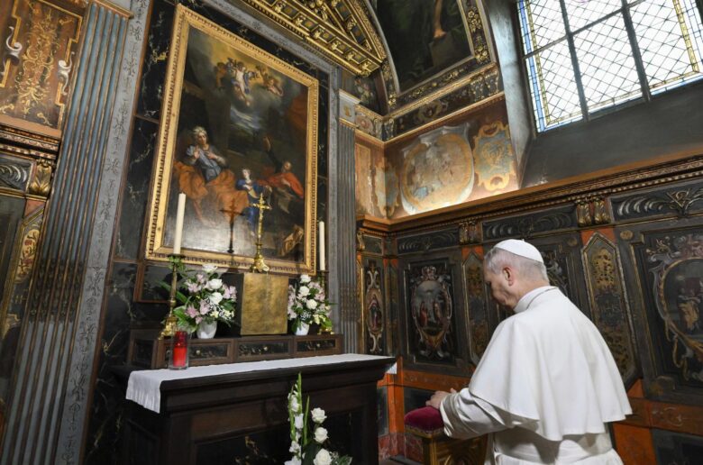 Pope Leo XIV kneels in the Chapel of St. Anne in the Church of Saint-Joseph-des-Carmes, at the Catholic Institute of Paris, Sept. 26, 2026, in Paris, on the second day of his journey in France. (OSV News photo/Simone Risoluti, Vatican Media)