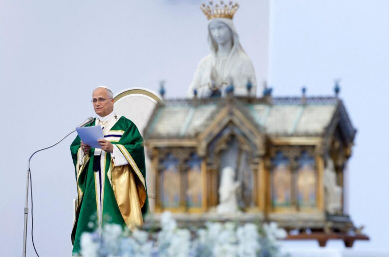 Pope Leo XIV celebrates Sunday Mass on the prairie at the Sanctuary of Our Lady of Lourdes, as part of his four-day apostolic journey to France, in Lourdes, France, Sept. 27, 2026. (OSV News photo/Remo Casilli, Reuters)