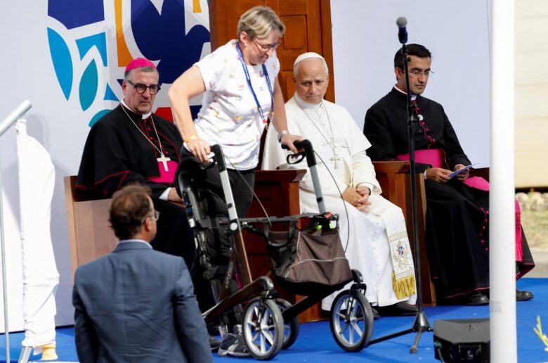 Pope Leo looks on on the day he meets staff and members of the sick community at Accueil Notre Dame at the Sanctuary of Our Lady of Lourdes, during his apostolic journey to France, in Lourdes, France, Sept. 27, 2026. (OSV News/Remo Casilli, Reuters)