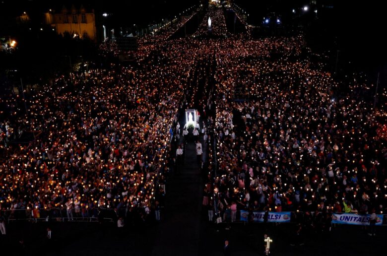 Pope Leo XIV leads a candlelight procession at the Sanctuary of Our Lady of Lourdes during his four-day apostolic journey to France, in Lourdes, France, Sept. 27, 2026. (OSV News photo/Remo Casilli, Reuters)