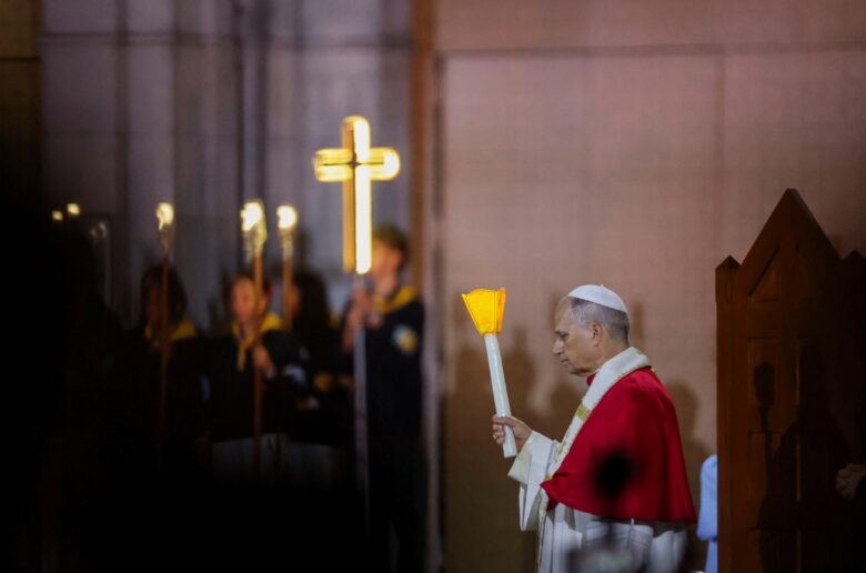 Pope Leo XIV leads a candlelight procession at the Sanctuary of Our Lady of Lourdes during his four-day apostolic journey to France, in Lourdes, France, Sept. 27, 2026. (OSV News photo/Stephane Mahe, Reuters)