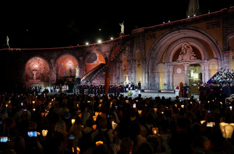 Pope Leo XIV leads a candlelight procession at the Sanctuary of Our Lady of Lourdes during his four-day apostolic journey to France, in Lourdes, France, Sept. 27, 2026. (OSV News photo/Stephane Mahe, Reuters)