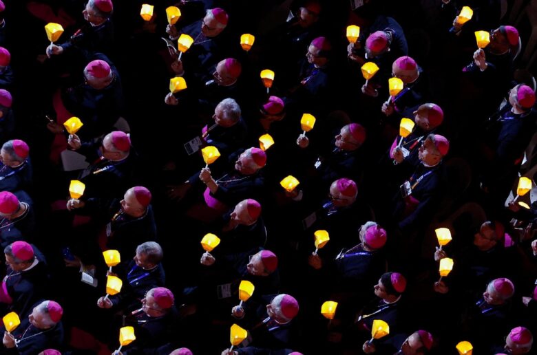 Clergy members attend a candlelight procession with Pope Leo XIV at the Sanctuary of Our Lady of Lourdes during his four-day apostolic journey to France, in Lourdes, France, Sept. 27, 2026. (OSV News photo/Remo Casilli, Reuters)