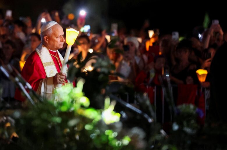 Pope Leo XIV leads a candlelight procession at Sanctuary of Our Lady of Lourdes during his four-day apostolic journey to France, in Lourdes, France, Sept. 27, 2026. (OSV News photo/Stephane Mahe, Reuters)