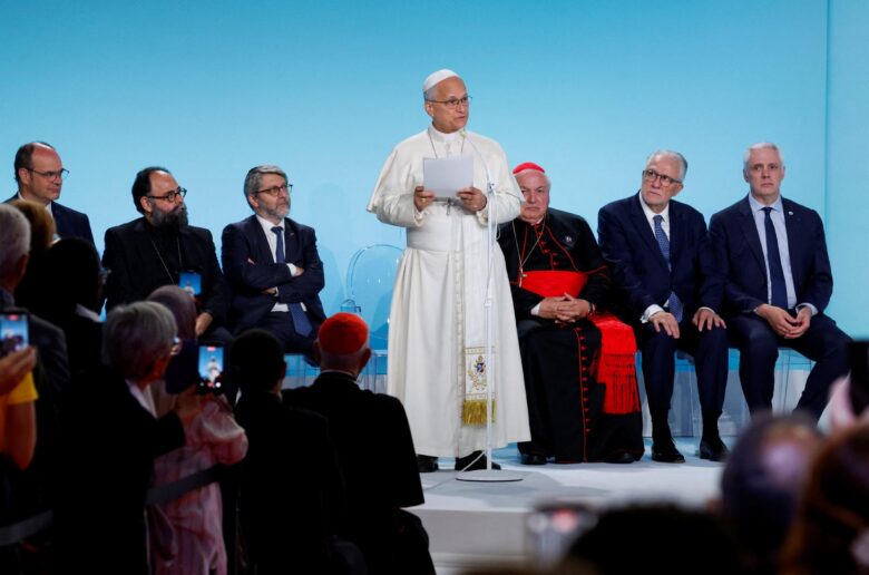 Pope Leo XIV attends an interfaith meeting at the Robert Schuman convention center in Metz as part of his four-day apostolic journey to France, Sept. 28, 2026. (OSV News photo/Remo Casilli, Reuters)