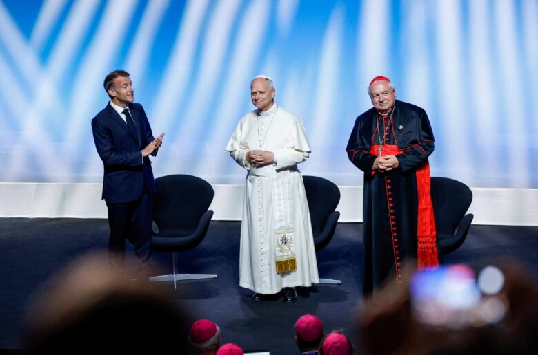 French President Emmanuel Macron, Pope Leo XIV and Cardinal Jean-Marc Aveline attend a meeting titled "At the Roots of Europe for Peace and Unity" at the Robert Schuman convention center in Metz Sept. 28, 2026, as part of Pope Leo's four-day apostolic journey to France. (OSV News photo/Remo Casilli, Reuters)