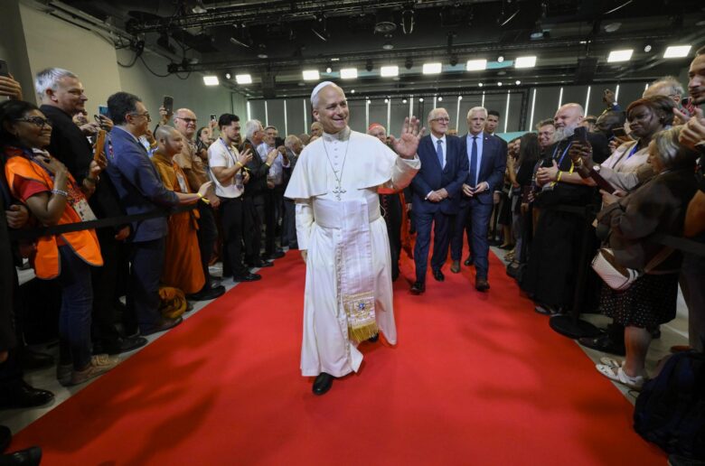 Pope Leo XIV waves as he arrives for an interfaith meeting at the Robert Schuman convention centre in Metz, France. Sept. 28, 2026, as part of his four-day apostolic journey to France. (OSV News photo/Simone Risoluti, Vatican Media)