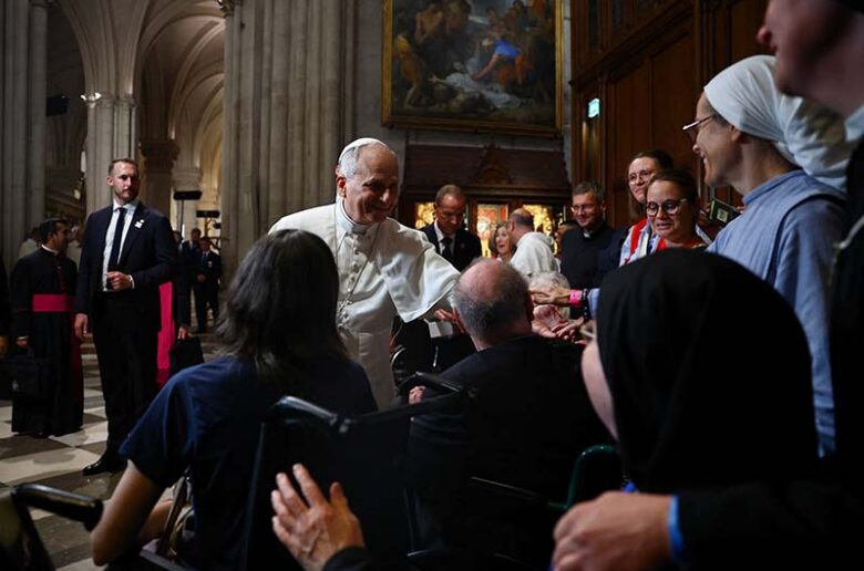 Pope Leo XIV greets faithful at a celebration of Vespers at the Notre Dame de Paris Cathedral in Paris Sept. 25, 2026, as part of his four-day apostolic journey to France. (OSV News/Sarah Meyssonnier, Reuters)