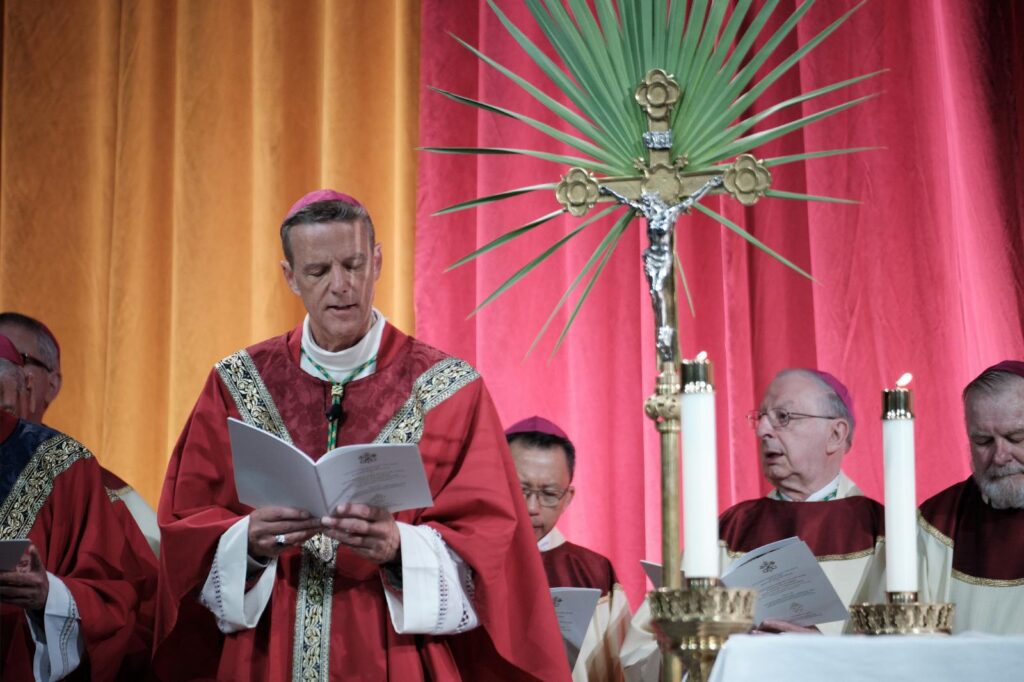 Bishop Stephen D. Parkes of Savannah, Ga., prays during the beatification Mass for the five Georgia Martyrs Oct. 31, 2026, at the Savannah Convention Center on Hutchinson Island in Savannah, Ga. The martyred Spanish Franciscan missionaries, who were killed at their Georgia missions in 1597, were Fathers Pedro de Corpa, Blas Rodríguez de Cuacos, Miguel de Añon, and Francisco de Veráscola and Brother Antonio de Badajoz. (OSV News photo/George Martell)
