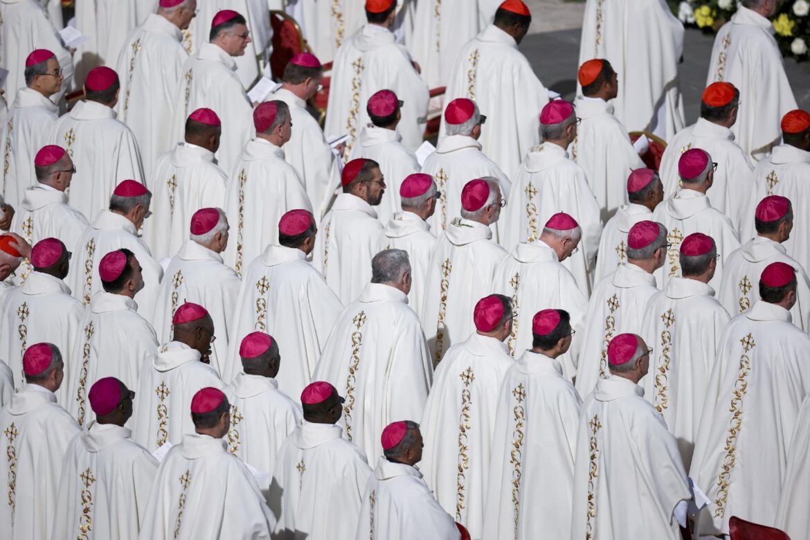 Prelates attend a Mass celebrated by Cardinal Luis Antonio Tagle, pro-prefect of the Dicastery for Evangelization, in St. Peter's Square at the Vatican Oct. 14, 2026, on the final day of a meeting in which the presidents of bishops' conferences are marking the 10th anniversary of "Amoris Laetitia" ("The Joy of Love"). The Mass also included special prayers for the health of Pope Leo XIV following his lung surgery the previous day and diagnosis of cancer. (OSV News photo/Stoyan Nenov, Reuters)