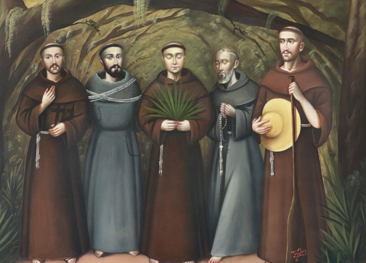 This oil on canvas of the five Georgia Martyrs titled "Faith breaks language barriers of the five Martyrs" was created in 2021 by artist Clorinda Galdos Bell. The Franciscan friars' beatification has been set for Oct. 31, 2026, in Savannah. (OSV News photo/courtesy Clorinda Galdos Bell)