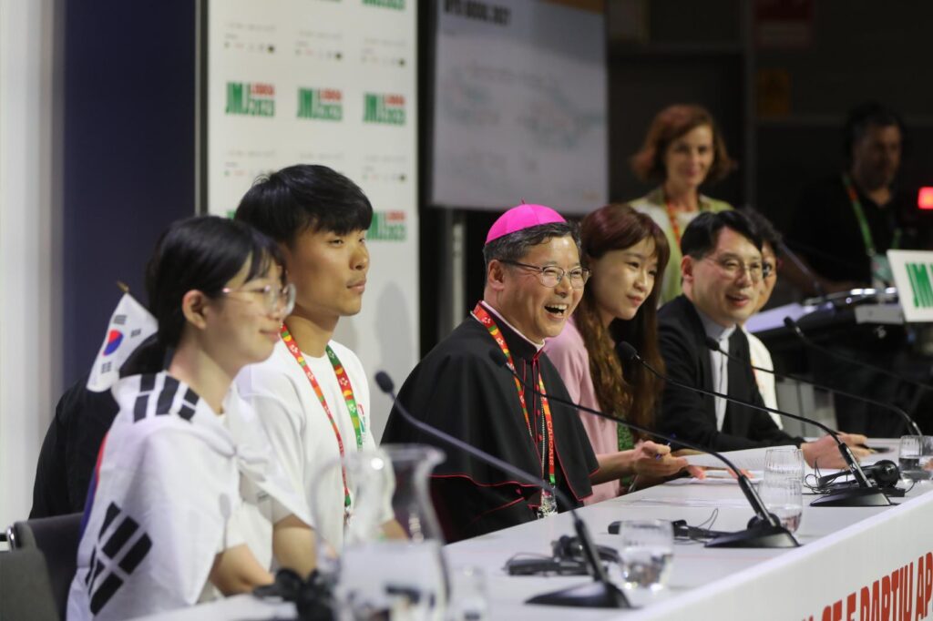 South Korean Archbishop Peter Chung Soon-taek of Seoul smiles during a news conference at World Youth Day in Lisbon, Portugal, Aug. 6, 2023, after Pope Francis announced the next World Youth Day would be held in 2027 in Korea. On Oct. 22, 2026, Pope Leo XIV launched the opening of registrations for the 41st World Youth Day set to take place Aug. 3–8, 2027, in Seoul, South Korea. (OSV News photo/Bob Roller)