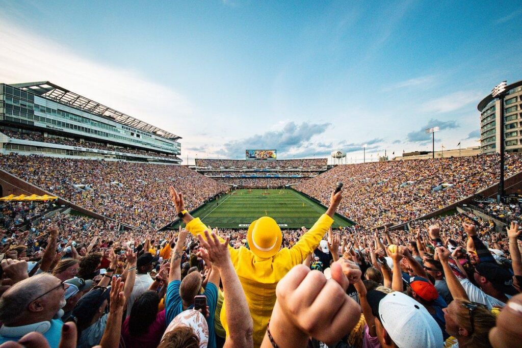 Fans react as members of the Savannah Bananas baseball team perform at Kinnick Stadium in Iowa City July 4, 2026. The Savannah Bananas are coming to the University of Notre Dame in June 2027, bringing their unconventional brand of baseball to a university where tradition rarely needs an introduction. (OSV News photo/courtesy Savannah Bananas)