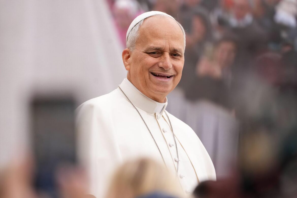 Pope Leo XIV smiles from the popemobile while riding around St. Peter’s Square at the Vatican before his weekly general audience Oct. 28, 2026. (CNS photo/Lola Gomez)