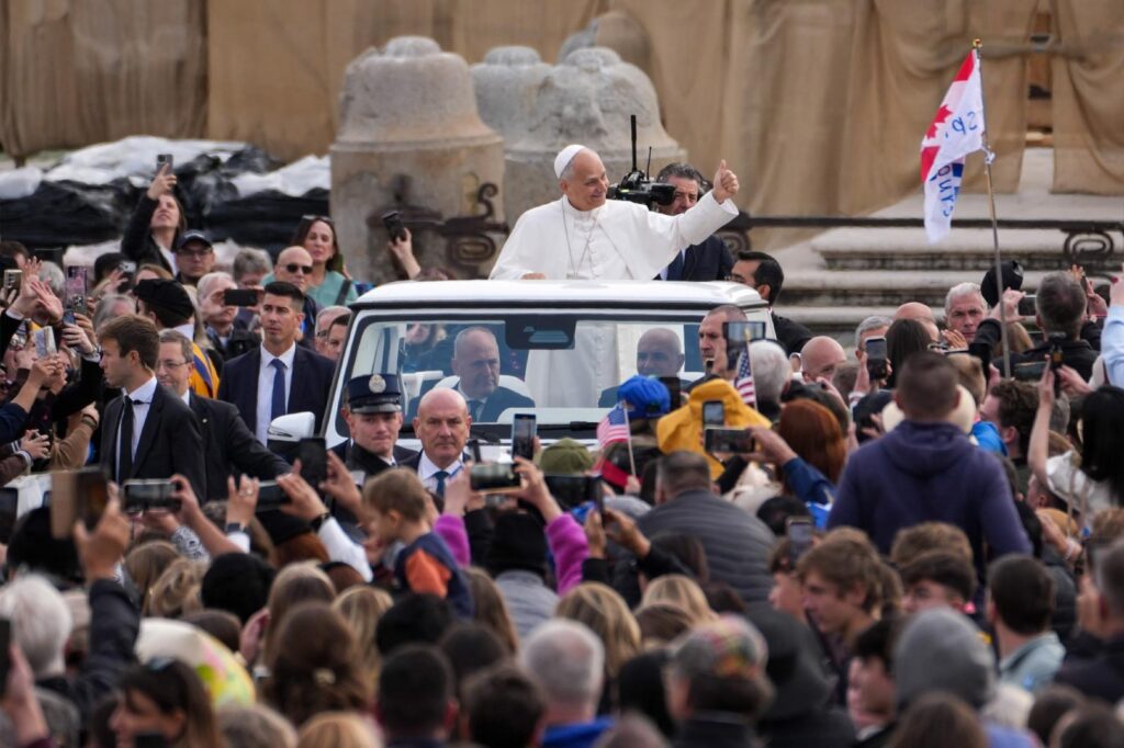 Pope Leo XIV smiles and waves from the popemobile while riding around St. Peter’s Square at the Vatican before his weekly general audience Oct. 28, 2026. (CNS photo/Lola Gomez)