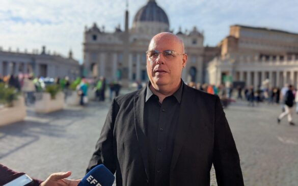 José Enrique Escardó, the first member of Sodalitium Christianae Vitae to denounce abuse within the movement 25 years ago, is seen speaking to several journalists outside the Vatican press office Jan. 24, 2025, after he met with Pope Francis and Vatican officials. (OSV News