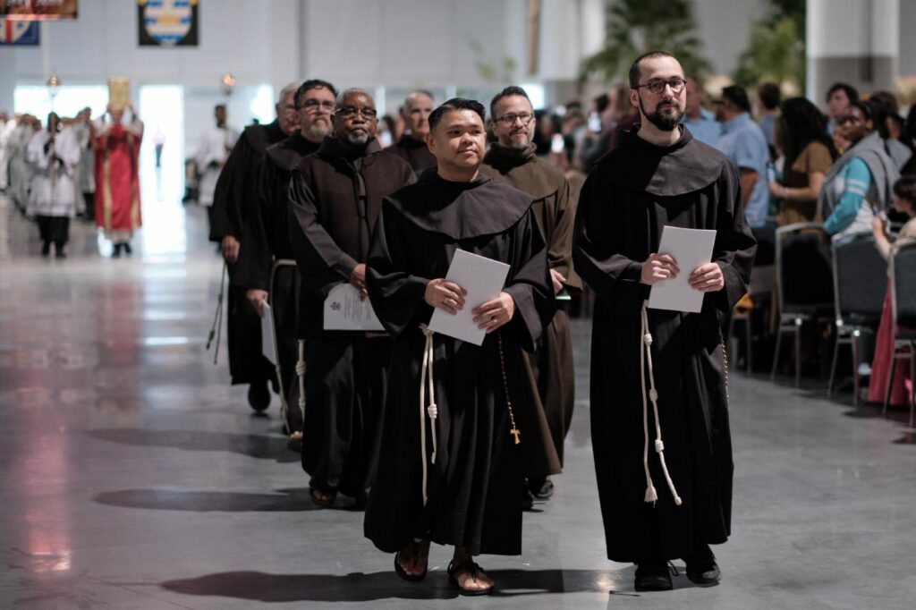 Franciscan friars process during the beatification Mass for the five Georgia Martyrs Oct. 31, 2026, at the Savannah Convention Center on Hutchinson Island in Savannah, Ga. The martyred Spanish Franciscan missionaries, who were killed at their Georgia missions in 1597, were Fathers Pedro de Corpa, Blas Rodríguez de Cuacos, Miguel de Añon, and Francisco de Veráscola and Brother Antonio de Badajoz. (OSV News photo/George Martell)e Martell)