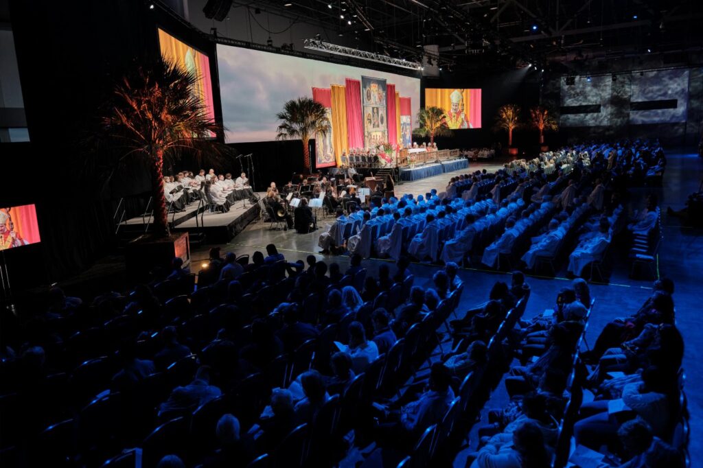 People attend the beatification Mass for the five Georgia Martyrs Oct. 31, 2026, at the Savannah Convention Center on Hutchinson Island in Savannah, Ga. The martyred Spanish Franciscan missionaries, who were killed at their Georgia missions in 1597, were Fathers Pedro de Corpa, Blas Rodríguez de Cuacos, Miguel de Añon, and Francisco de Veráscola and Brother Antonio de Badajoz. (OSV News photo/George Martell)e Martell)