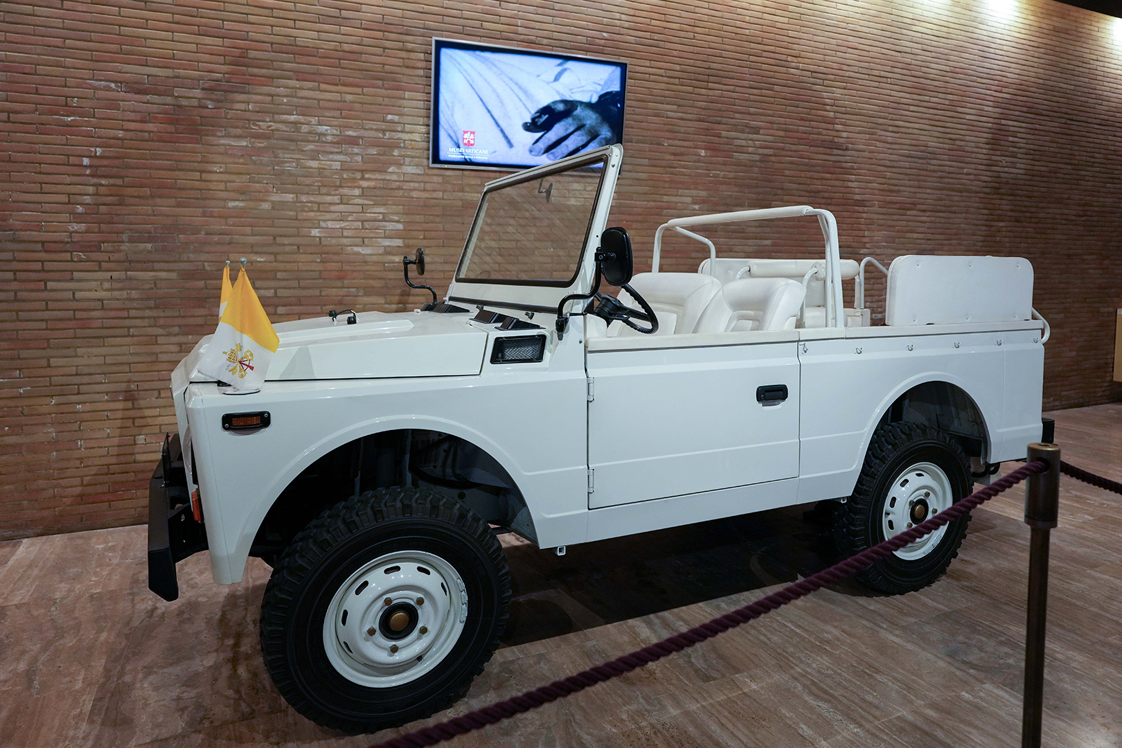 The 1980 Fiat Nuova Campagnola, the popemobile in which Pope John Paul II was shot during an assassination attempt in St. Peter’s Square May 13, 1981, is displayed at the Vatican Museums Oct. 28, 2026. (CNS